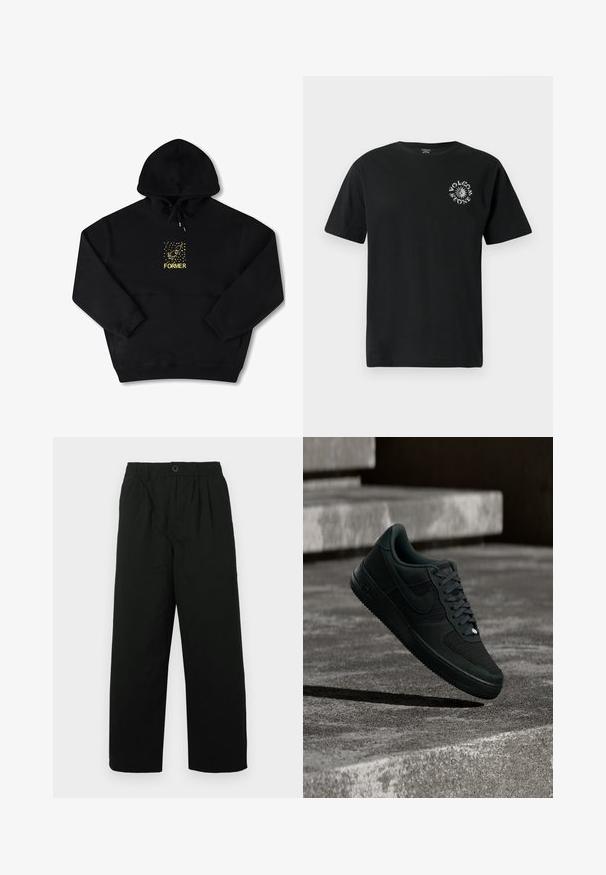 Haut à capuche noir avec une poche frontale, arborant un graphique jaune d'un oiseau et le mot "FORMER" en gras. Matière douce avec cordon de serrage ajustable.; T-shirt en coton noir à manches courtes, avec un logo graphique blanc sur la poitrine gauche. Design classique à col ras du cou. Coupe standard.; Pantalons noirs à jambes larges avec une taille élastique et une fermeture à bouton. Fabriqués en tissu doux, avec une texture subtile et sans motifs.; Baskets Nike Air Force 1 noires avec détails en mesh et cuir, flottant au-dessus de marches en béton texturé dans une lumière tamisée.
