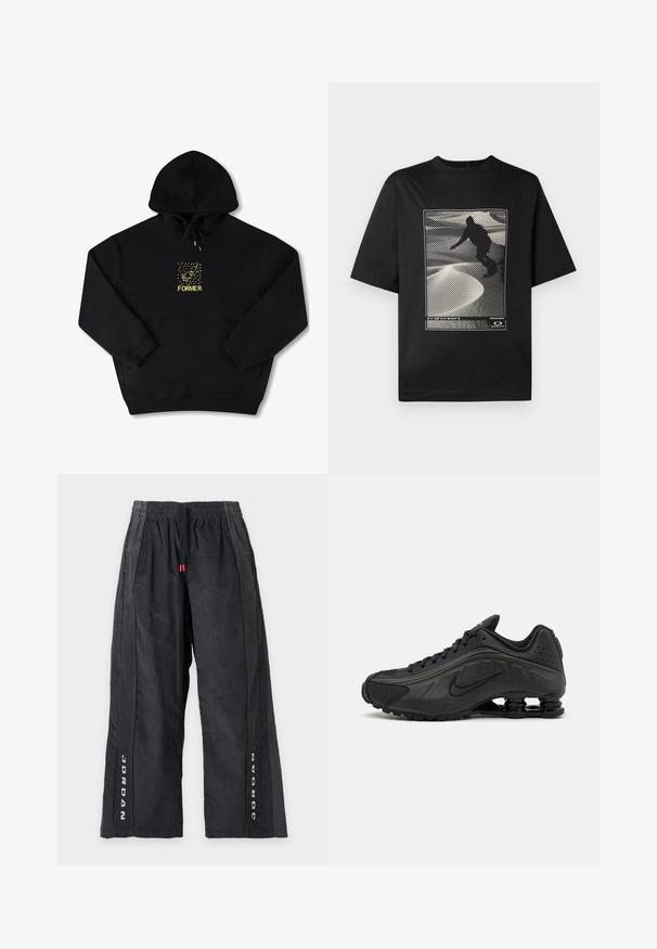 Sort hættetrøje med en frontlomme, prydet med et gult grafisk motiv af en fugl og ordet "FORMER" i fed skrift. Blødt materiale med justerbar snor.; Sort kortærmet t-shirt med et grafisk print, der viser en silhouet af en figur på en tekstureret hvid overflade med linjemønstre.; Sorte vidde bukser med elastisk talje og snøre, tekstureret stof og ordet "JORDAN" trykt i hvidt lodret på hvert ben.; Sorte løbesko med en glat syntetisk overdel, perforerede detaljer, teksturerede sidedele og en distinkt fjedrende sål.
