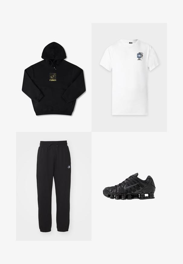 Schwarzer Hoodie mit einer Brusttasche, auf der ein gelbes Grafikbild eines Vogels und das Wort "FORMER" in fetter Schrift zu sehen sind. Weiches Material mit verstellbarem Kordelzug.; Weißes T-Shirt mit kurzen Ärmeln und kleinem Motiv eines Wanderers, der ein blaues The North Face Logo auf der linken Brust hält.; Schwarze Jogginghose aus weichem Stoff, mit einem elastischen Bund und Kordelzug, Bündchen an den Knöcheln und einem kleinen Logo am Oberschenkel.; Schwarze Sportschuhe aus Mesh- und synthetischen Materialien mit einem markanten wellenförmigen Design, schwarzer Gummisohle und reflektierenden Akzenten.