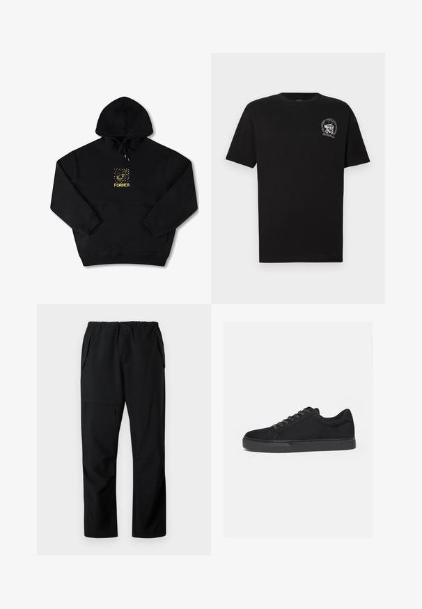 Sort hættetrøje med en frontlomme, prydet med et gult grafisk motiv af en fugl og ordet "FORMER" i fed skrift. Blødt materiale med justerbar snor.; Sort bomulds t-shirt med korte ærmer, der har et lille grafisk design på venstre brystområde. Standard rund hals og afslappet pasform.; Sorte afslappede bukser med elastisk talje, to sidelommer og en lynlåslomme på låret, vist fladt på hvid baggrund.; Sort lavtop sneaker med snørelukning foran og flad gummisål, vist fra siden på en hvid baggrund.