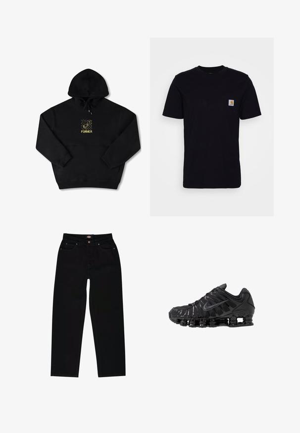Haut à capuche noir avec une poche frontale, arborant un graphique jaune d'un oiseau et le mot "FORMER" en gras. Matière douce avec cordon de serrage ajustable.; T-shirt en coton noir à manches courtes, col rond et poche poitrine avec un petit patch logo carré. Design simple et uni.; Jean en denim noir avec une coupe droite, présentant cinq poches, des coutures marron et une fermeture éclair. Texture lisse et matériau durable.; Chaussures de sport noires en mesh et matériaux synthétiques, présentant un design ondulé distinct, une semelle en caoutchouc noire et des accents réfléchissants.