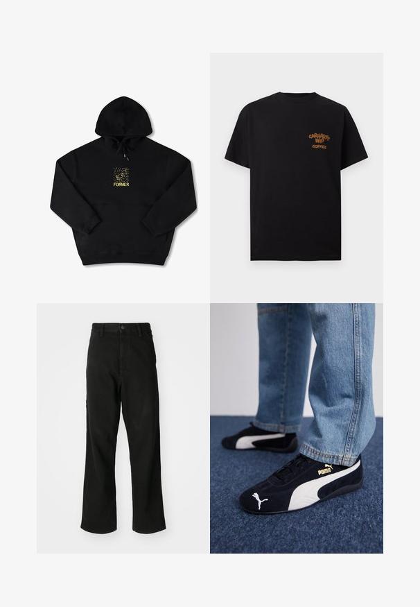 Schwarzer Hoodie mit einer Brusttasche, auf der ein gelbes Grafikbild eines Vogels und das Wort "FORMER" in fetter Schrift zu sehen sind. Weiches Material mit verstellbarem Kordelzug.; Schwarzes T-Shirt mit kurzen Ärmeln und kleinem braunen Schriftzug „Carhartt WIP Coffee“ auf der linken Brustseite.; Schwarze gerade Jeans mit Knopfverschluss, Gürtelschlaufen und Fronttaschen auf einem schlichten weißen Hintergrund.; Schwarze Wildledersneaker mit weißen Akzenten und einem goldenen Logo. Getragen mit hellblauen Jeans und auf einer strukturierten blauen Oberfläche platziert.
