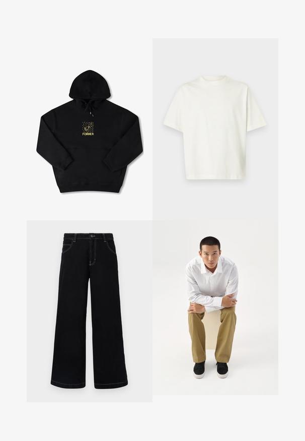 Schwarzer Hoodie mit einer Brusttasche, auf der ein gelbes Grafikbild eines Vogels und das Wort "FORMER" in fetter Schrift zu sehen sind. Weiches Material mit verstellbarem Kordelzug.; Kurzärmeliges, schlichtes weißes T-Shirt mit lockerem Schnitt und rundem Ausschnitt, dargestellt vor einem hellgrauen Hintergrund.; Schwarze weit geschnittene Jeanshose aus Denim, mit Knopfverschluss, fünf Taschen und kontrastierendem weißen Nähten entlang der Nähte.; Junger Mann in weiß gestreiftem Hemd und khakifarbener Hose sitzt nach vorne gelehnt auf einem Hocker mit verschränkten Armen und schaut direkt geradeaus vor weißem Hintergrund.