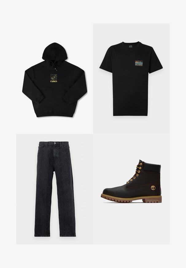 Sort hættetrøje med en frontlomme, prydet med et gult grafisk motiv af en fugl og ordet "FORMER" i fed skrift. Blødt materiale med justerbar snor.; Sort T-shirt med korte ærmer med en lille flerfarvet grafik af bjerge og hav samt teksten "BILLABONG Adventure division" på venstre bryst.; Sorte jeans med lige ben og subtilt mørkt dyreprintmønster, med knap- og lynlåslukning samt forlommer, vist på hvid baggrund.; Sorte læder ankelstøvle med gyldne øjer, brune detaljer og gummisål. Har en polstret krave og præget logo på siden.
