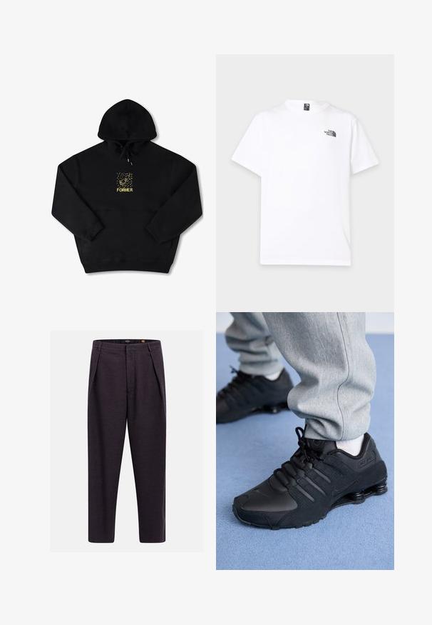 Zwarte hoodie met een voorzak, voorzien van een gele afbeelding van een vogel en het woord "FORMER" in vetgedrukt. Zacht materiaal met een verstelbare trekkoord.; Wit T-shirt met korte mouwen, ronde hals en klein zwart The North Face-logo op de bovenste linkerborst.; Donkere grijze, op maat gemaakte broek met riemlussen, voorplooien en een rechte pijp.; Persoon in zwarte Nike Shox sneakers en een grijze joggingbroek staand op een lichtblauw tapijt.