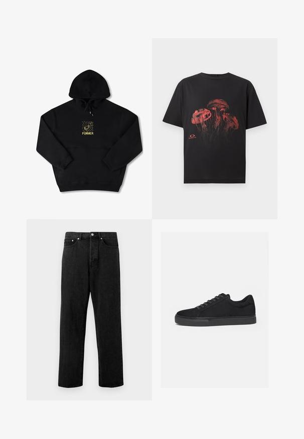 Sudadera negra con un bolsillo frontal, que presenta un gráfico amarillo de un pájaro y la palabra "FORMER" en negrita. Material suave con cordón ajustable.; Camiseta negra de manga corta con gráfico de medusa roja en el frente y pequeño logo de Oakley debajo del diseño.; Jeans de mezclilla negra con un diseño de pierna recta, que cuentan con cinco bolsillos, cierre de botón de metal y un leve desgaste en la tela.; Zapatilla deportiva negra de corte bajo con cordones delanteros y suela de goma plana, mostrada de lado sobre un fondo blanco.