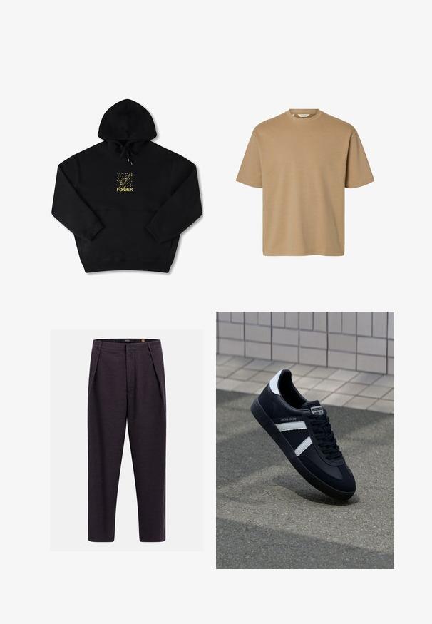 Haut à capuche noir avec une poche frontale, arborant un graphique jaune d'un oiseau et le mot "FORMER" en gras. Matière douce avec cordon de serrage ajustable.; T-shirt beige à manches courtes avec col rond, coupe décontractée et design uni, présenté sur fond blanc.; Pantalon gris foncé sur mesure avec passants pour ceinture, plis avant et coupe droite.; Sneaker en cuir noir avec des rayures blanches, semelle en caoutchouc texturée et devant à lacets. Présente une étiquette de marque sur la languette.