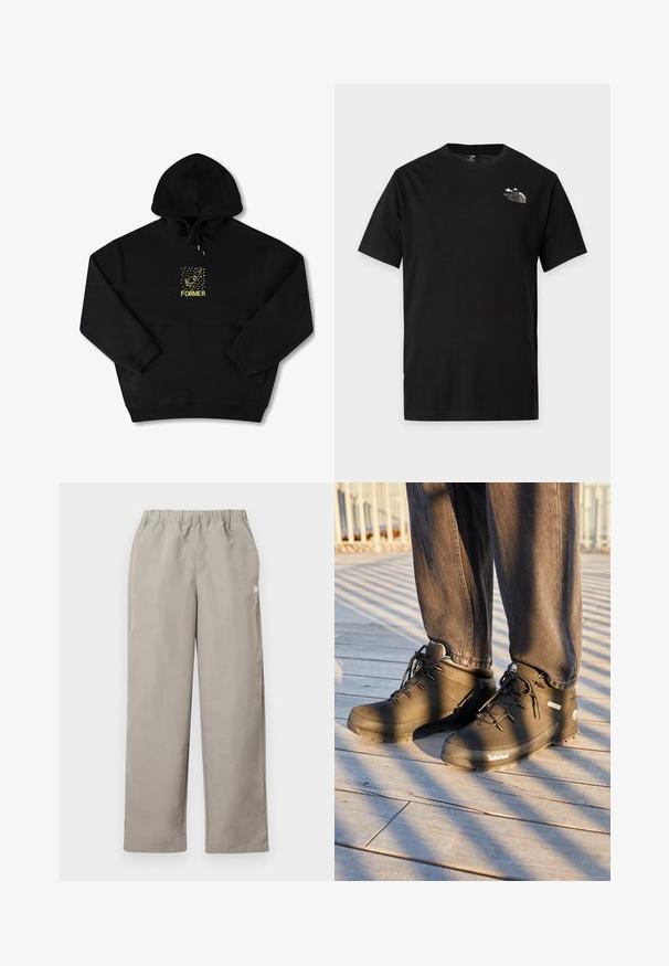 Zwarte hoodie met een voorzak, voorzien van een gele afbeelding van een vogel en het woord "FORMER" in vetgedrukt. Zacht materiaal met een verstelbare trekkoord.; Zwart T-shirt met korte mouwen en ronde hals met klein wit The North Face-logo op de bovenste linkerborst.; Beige rechte broek met elastische tailleband en een klein wit logo op het rechter zijnnaad.; Zwarte Timberland wandelschoenen hebben een hoge gloss ontwerpen, een gestructureerd oppervlak en ronde veters, tegen een achtergrond van een houten vloer.