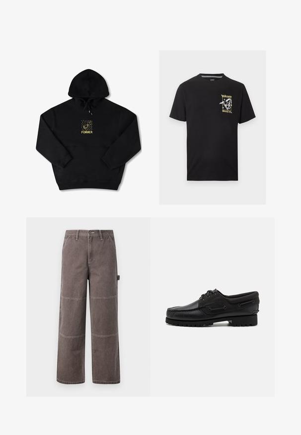 Sudadera negra con un bolsillo frontal, que presenta un gráfico amarillo de un pájaro y la palabra "FORMER" en negrita. Material suave con cordón ajustable.; Camiseta negra de manga corta con un pequeño gráfico amarillo y blanco de un caballo en carrera y el texto "Volcom Stone Co." en el lado izquierdo del pecho.; Pantalones de pierna ancha en un color marrón desgastado, hechos de un tejido duradero con costuras en contraste. Cuenta con detalles en panel y un bolsillo lateral.; Zapato negro con parte superior de cuero, acentos de textil, cordones redondos y suela de goma texturizada. Presenta costura de mocasín y detalle de marca.