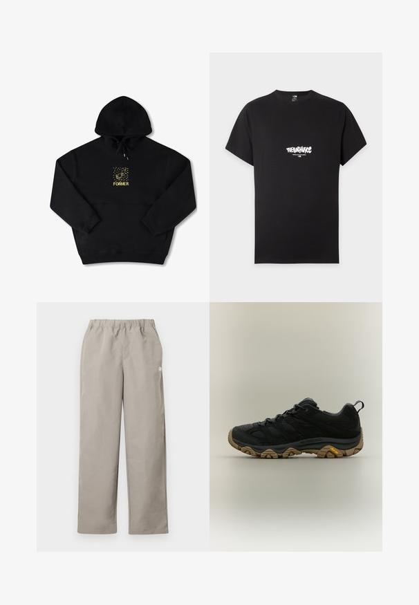 Sort hættetrøje med en frontlomme, prydet med et gult grafisk motiv af en fugl og ordet "FORMER" i fed skrift. Blødt materiale med justerbar snor.; Sort T-shirt med korte ærmer med hvidt "The North Face" logo og "Never Stop Exploring" tekst centreret på brystet.; Beige bukser med lige ben, elastisk talje og en lille hvid logo på højre sidesøm.; Sort vandresko med brun tekstureret Vibram-sål og trækflig på hælen, vist i sideprofil på neutral baggrund.