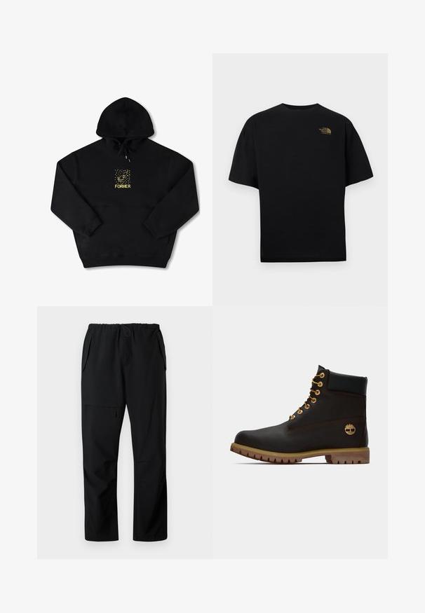 Schwarzer Hoodie mit einer Brusttasche, auf der ein gelbes Grafikbild eines Vogels und das Wort "FORMER" in fetter Schrift zu sehen sind. Weiches Material mit verstellbarem Kordelzug.; Schwarzes Kurzarm-T-Shirt aus Baumwolle mit Rundhalsausschnitt. Verfügt über ein goldenes Logo auf der linken Brust. Klassische Passform mit glatter Textur.; Schwarze Freizeit-Hosen mit elastischem Bund, zwei seitlichen Taschen und einer mit Reißverschluss versehenen Oberschenkel-Tasche, flach auf weißem Hintergrund präsentiert.; Schwarze Leder-Ankle-Boots mit goldenen Ösen, braunen Akzenten und einer Gummisohle. Verfügt über einen gepolsterten Schaft und ein geprägtes Logo an der Seite.