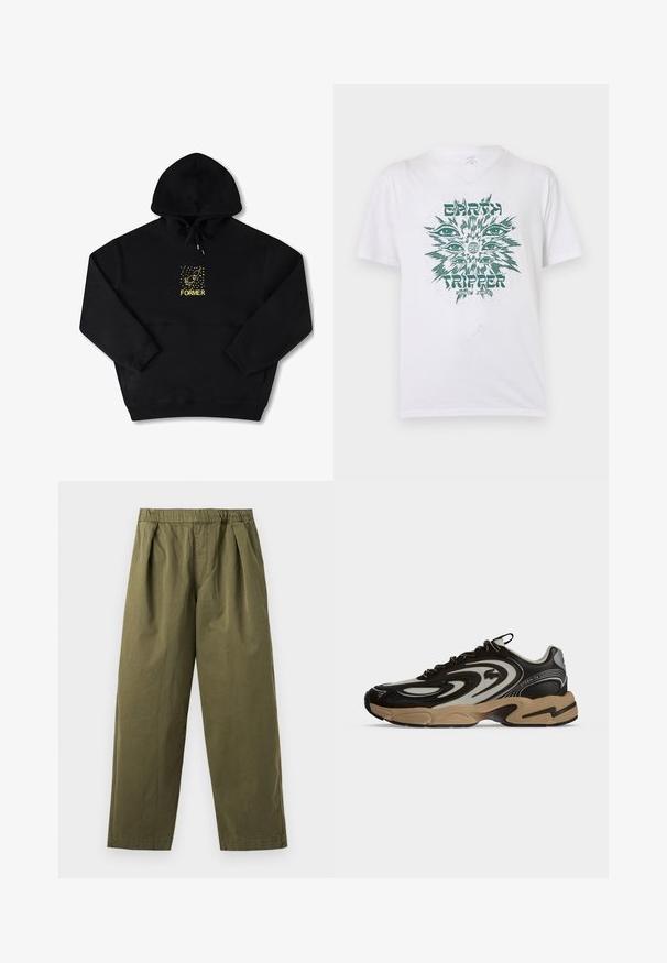 Schwarzer Hoodie mit einer Brusttasche, auf der ein gelbes Grafikbild eines Vogels und das Wort "FORMER" in fetter Schrift zu sehen sind. Weiches Material mit verstellbarem Kordelzug.; Weißes Kurzarm-T-Shirt mit grünem Motiv von mehreren Augen um einen Globus, Text „EARTH TRIPPER“ und „VOLCOM STONE“ auf der Vorderseite.; Olivgrüne Weite-Hosen mit elastischem Bund und vorderen Falten, vor hellem Hintergrund gezeigt.; Schwarzer und beiger Sneaker mit wellenförmigen Mustern, Schnürdesign und dicker Sohle auf hellem einfarbigem Hintergrund.