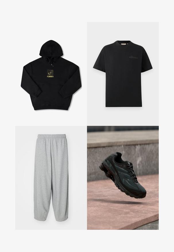 Schwarzer Hoodie mit einer Brusttasche, auf der ein gelbes Grafikbild eines Vogels und das Wort "FORMER" in fetter Schrift zu sehen sind. Weiches Material mit verstellbarem Kordelzug.; Schwarzes T-Shirt aus Baumwolle mit klassischem Rundhalsausschnitt und kurzen Ärmeln. Verfügt über ein dezentes, geprägtes Logo auf der Brust.; Helle graue, lässig sitzende Sweatpants aus weichem Stoff. Elastischer Bund und Bündchen an den Knöcheln. Einfaches und ungeschmücktes Design.; Schwarzer athletischer Sneaker mit sichtbarer Air-Cushioning-Zwischensohle, der über einer rosa Steinoberfläche mit grauer Steinmauer im Hintergrund schwebt.