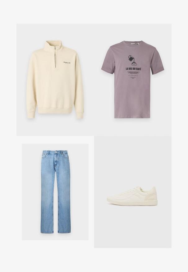 Sweat-shirt beige à demi-fermeture éclair avec col montant, poignets et ourlet côtelés, et petit logo noir sur la poitrine gauche.; T-shirt gris à manches courtes avec un graphisme de cafetière versant dans une tasse et le texte « LA VIE DU CAFÉ » sur le devant.; Jean droit en denim bleu clair avec bouton à l'avant et poches, présenté sur un fond blanc uni.; ALDO THEPITCH - Baskets basses - white
