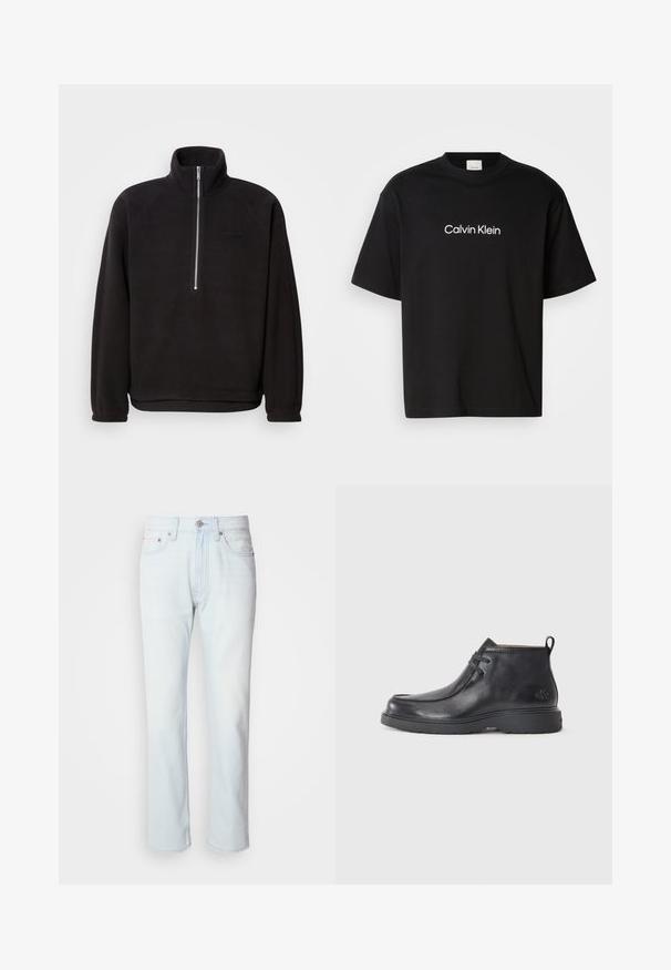 Pull noir en polaire avec un col haut et une fermeture éclair quart, doté de poignets élastiques et d'une texture lisse. Étiquette logo subtile sur la poitrine.; T-shirt en coton noir à manches courtes, présentant un logo "Calvin Klein" blanc sur le devant et un col rond classique.; Jean en denim bleu clair avec une coupe droite. Présente une fermeture à bouton et des passants de ceinture, mettant en valeur une texture décolorée et des coutures minimalistes.; Bottes noires en cuir à talon arrondi, avec un design à lacets et une languette à l'arrière. Tige texturée et semelle en caoutchouc.