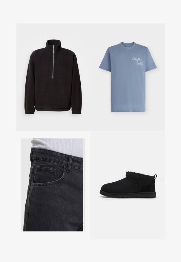 Mustapintainen fleecetakki, jossa on korkea kaulus ja neljännesvetoketju, elastiset hihansuut ja sileä pinta. Huomaamaton logotagi rinnassa.; Vaaleansiniset lyhythihaiset t-paita, jossa valkoinen "Calvin Klein" kursiivilogolla vasemmassa ylärintapuolessa ja pyöreä pääntie.; Mustat farkut, joissa näkyvä etutasku ja vyölenkki, yhdistettynä valkoiseen ribbineulottuun paitaan, joka on tungettu vyötärölle.; Mustat mokkanahkasaappaat, joissa on pehmeä, tekstuurinen vuori, matala kumipohja ja vetoketju takana helppoa käyttämistä varten.
