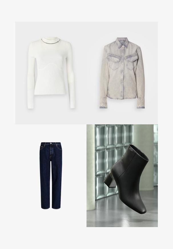 Pull blanc à manches longues avec une texture côtelée, présentant un motif en vagues au niveau de la poitrine et un accent en chaîne argentée au niveau du col.; Chemise en denim délavé avec un col pointu, deux poches poitrine et fermeture à boutons. Présente des coutures contrastées et un ourlet effiloché.; Jeans en denim bleu foncé avec une coupe droite, dotés d'une taille haute, d'un style à cinq poches et de coutures contrastantes. Sans embellissements.; Bottine en cuir noir à talon bloc, logo DKNY près du haut, exposée devant un mur en blocs de verre et un sol en béton poli.