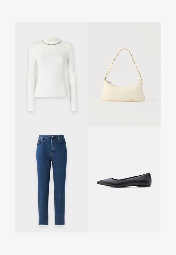 Pull blanc à manches longues avec une texture côtelée, présentant un motif en vagues au niveau de la poitrine et un accent en chaîne argentée au niveau du col.; Jean en denim bleu taille haute avec des jambes droites, cinq poches, fermeture à bouton en métal et coutures le long des seams.; Chaussure plate en cuir noire à bout pointu avec petit talon, vue de profil sur fond blanc.; Petit sac à main couleur crème avec une forme incurvée et une poignée en chaîne torsadée ton or, fermeture éclair sur le dessus