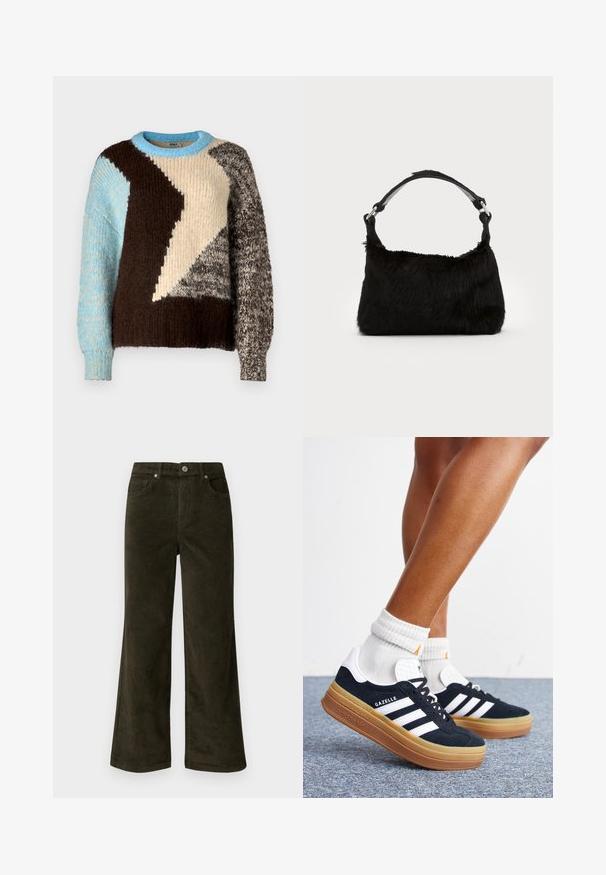 Pull en tricot avec un design coloré en blocs de crème, marron, bleu clair et gris, avec différentes textures et un col rond.; Vero Moda Petite VMTESSA PANTS - Pantalon classique - forest night; Jambes portant des chaussettes blanches et des baskets Adidas Gazelle noires avec des bandes blanches et des semelles épaisses marron sur un sol recouvert de moquette grise.; Sac à main en fausse fourrure noire avec une texture douce, une forme arrondie et une bandoulière en cuir noir robuste. Accent en métal argenté visible.