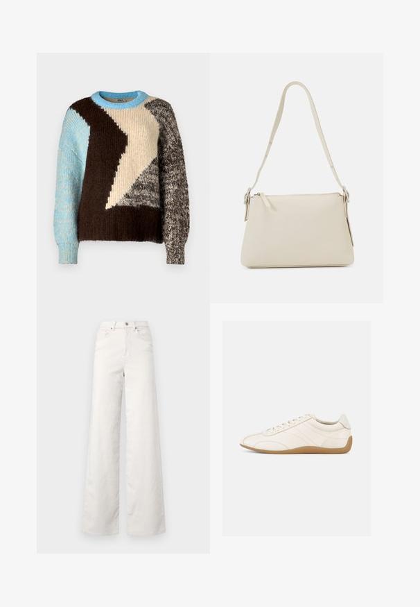 Gebreide trui met een kleurblokontwerp in crème, bruin, lichtblauw en grijs, met verschillende texturen en een ronde halslijn.; ONLY Tall ONLHOPE GLOBAL HIGH WAIST WIDE - Broek - pumice stone; Witte leren sneaker met een gladde textuur, ronde neus en tonale stiksels. Voorzien van een tankleurige rubberen zool en vetersluiting.; Beige schoudertas van glad leer met een ritsluiting. Kenmerkt zich door een eenvoudig ontwerp, een slanke schouderband en metalen hardwareaccenten.