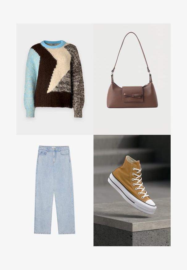 Pull en tricot avec un design coloré en blocs de crème, marron, bleu clair et gris, avec différentes textures et un col rond.; Jeans en denim bleu clair taille haute, avec une coupe droite, cinq poches et des coutures visibles. Le matériau a une texture de lavage classique.; Baskets montantes en toile jaune moutarde avec lacets blancs, bout en caoutchouc et semelle blanche texturée à rayures noires.; Sac à bandoulière en cuir marron avec une poche à rabat avant ornée d'un détail en forme de nœud cousu et une sangle réglable.