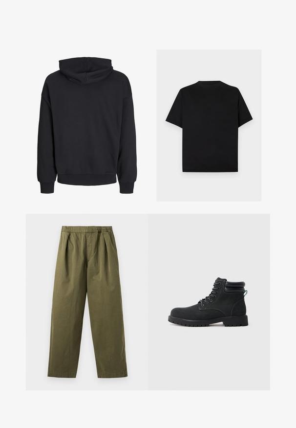 Sweat à capuche noir à manches longues, poignets et ourlet côtelés, vu de dos, avec une capuche cousue sans éléments de design visibles.; T-shirt noir uni à manches courtes et col rond présenté sur un fond gris clair.; Pantalon large vert olive avec une taille élastique et des plis sur le devant, présenté sur un fond clair.; Bottines noires en suède avec une semelle en caoutchouc, bout rond et design à lacets. Comprend un col rembourré et des détails de couture contrastants.