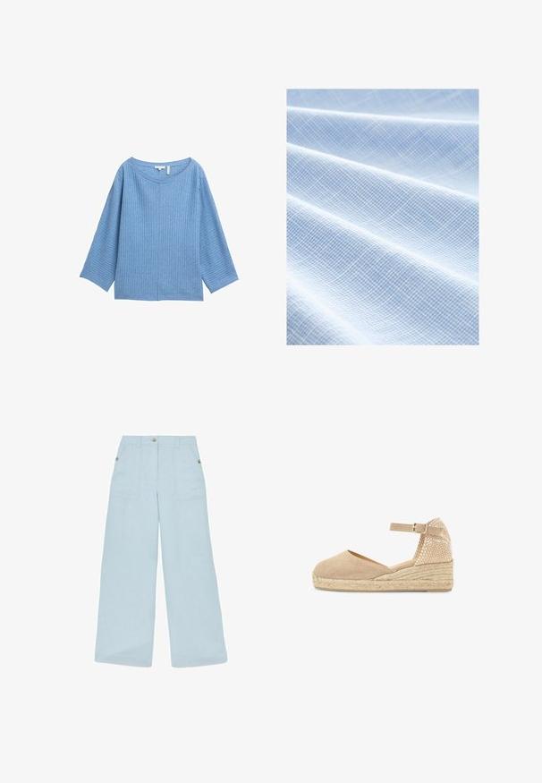 Top de punto en azul claro, texturizado, con un escote amplio y mangas de tres cuartos. Presenta un corte relajado y un detalle de costura central.; Tela azul clara con un patrón de cuadrícula tejido. La textura es suave con pliegues visibles, lo que indica un material ligero y blando.; Pantalones de pierna ancha en azul claro con bolsillos parche en la parte delantera, trabillas para cinturón, cierre de botones y detalles de botones en los laterales.; Zapato alpargata beige con cuña, hebilla en la correa del tobillo, parte trasera tejida y suela de yute trenzado.
