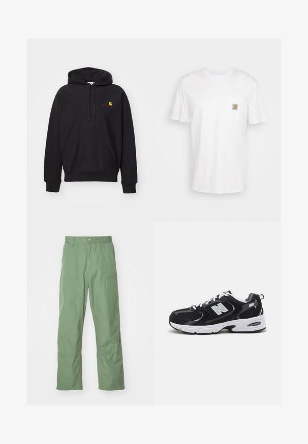 Hoodie noir en tissu mélangé coton avec une poche avant, capuche à cordon de serrage, et logo brodé rouge avec un arc jaune.; T-shirt en coton blanc à manches courtes, avec une poche poitrine et un petit patch logo carré en orange et blanc sur la poche.; Pantalons vert clair, coupe décontractée avec une texture lisse, dotés de poches latérales et de détails de coutures visibles. Longueur complète avec un design à jambe droite.; Baskets de sport noires et grises avec un tige en mesh et en suède, présentant une semelle intermédiaire blanche, des lacets et un logo "N" audacieux sur le côté.
