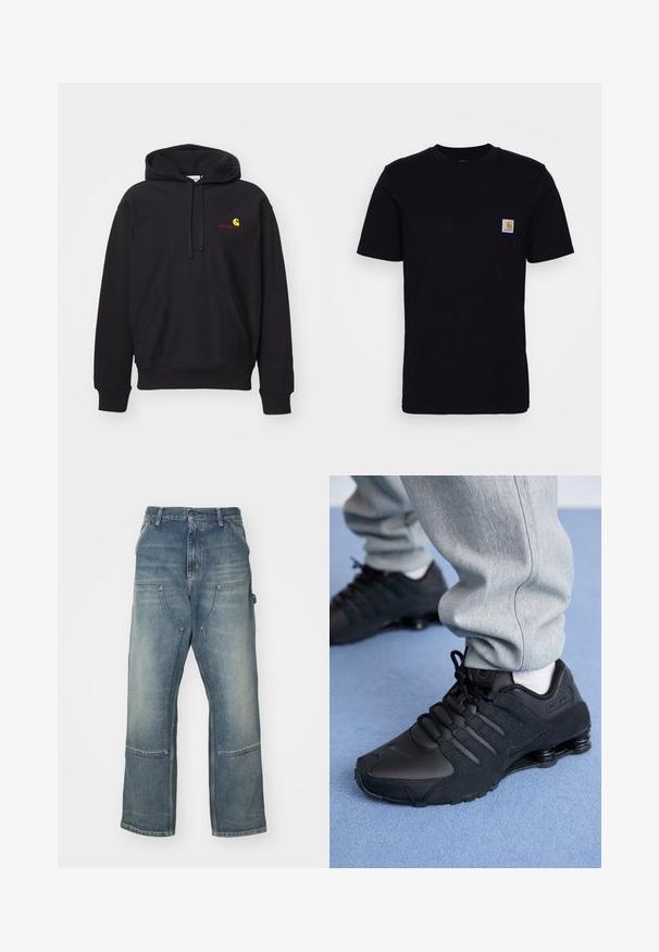 Hoodie noir en tissu mélangé coton avec une poche avant, capuche à cordon de serrage, et logo brodé rouge avec un arc jaune.; T-shirt en coton noir à manches courtes, col rond et poche poitrine avec un petit patch logo carré. Design simple et uni.; Jean bleu clair à la coupe décontractée, fabriqué en denim. Comprend des jambes larges, de grandes poches avant et des détails de surpiqûres en contraste.; Personne portant des baskets Nike Shox noires et un pantalon de survêtement gris, debout sur un tapis bleu clair.