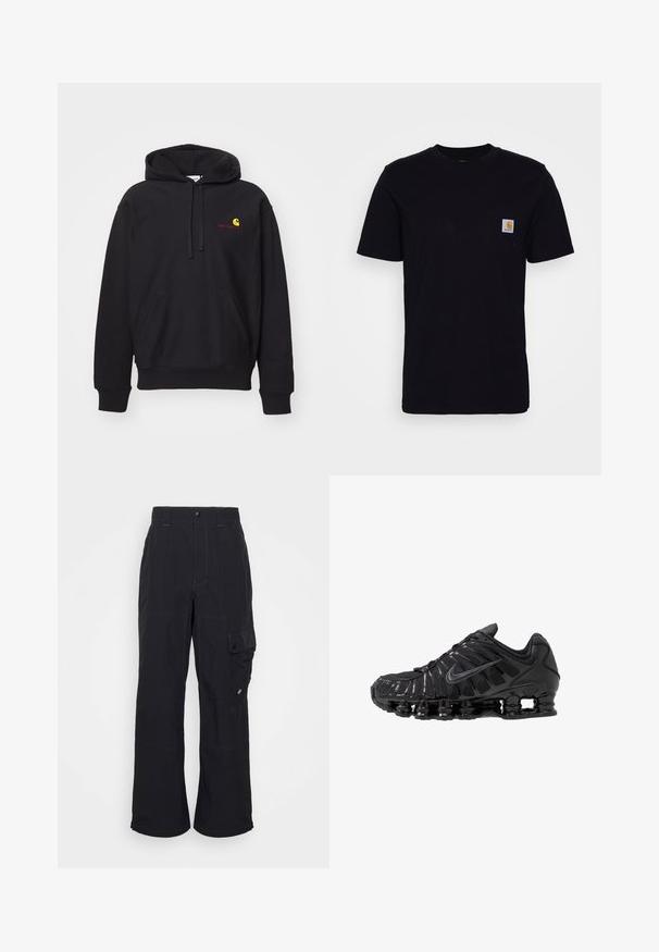 Hoodie noir en tissu mélangé coton avec une poche avant, capuche à cordon de serrage, et logo brodé rouge avec un arc jaune.; T-shirt en coton noir à manches courtes, col rond et poche poitrine avec un petit patch logo carré. Design simple et uni.; Pantalons cargo noirs en tissu texturé, avec un design à jambes larges, des coutures visibles et une poche latérale avec un fermoir à pression.; Chaussures de sport noires en mesh et matériaux synthétiques, présentant un design ondulé distinct, une semelle en caoutchouc noire et des accents réfléchissants.