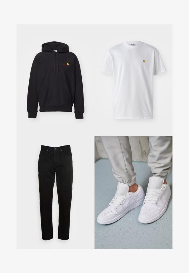 Hoodie noir en tissu mélangé coton avec une poche avant, capuche à cordon de serrage, et logo brodé rouge avec un arc jaune.; T-shirt en coton blanc à manches courtes, col rond, avec un petit logo doré sur la poitrine gauche. Texture douce et coupe régulière.; Jean slim noir avec fermeture à bouton à l'avant et design à cinq poches, présenté sur un fond gris clair uni.; Des baskets en cuir blanc présentent une zone de perforation à l'avant, des lacets plats, un col rembourré et le logo Jordan sur la languette. Portées avec un pantalon de jogging gris.