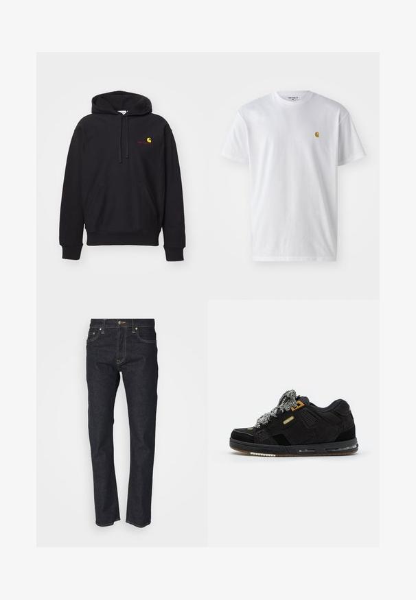 Hoodie noir en tissu mélangé coton avec une poche avant, capuche à cordon de serrage, et logo brodé rouge avec un arc jaune.; T-shirt en coton blanc à manches courtes, col rond, avec un petit logo doré sur la poitrine gauche. Texture douce et coupe régulière.; Jeans en denim bleu foncé avec une coupe droite, dotés d'une fermeture à bouton, de cinq poches et de coutures dorées. Texture lisse.; Globe SABRE - Baskets basses - black