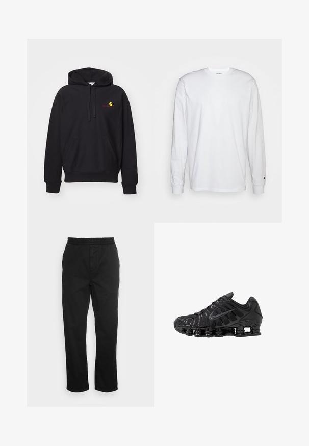 Hoodie noir en tissu mélangé coton avec une poche avant, capuche à cordon de serrage, et logo brodé rouge avec un arc jaune.; T-shirt blanc à manches longues en coton. Design à col rond avec des poignets côtelés et un petit logo sur la manche gauche. Texture lisse.; Pantalons en coton noirs avec une taille élastique, des jambes droites et des poches latérales. Texture lisse sans motifs ni accents.; Chaussures de sport noires en mesh et matériaux synthétiques, présentant un design ondulé distinct, une semelle en caoutchouc noire et des accents réfléchissants.