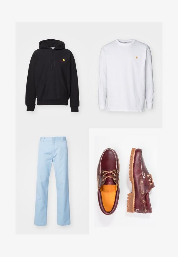 Hoodie noir en tissu mélangé coton avec une poche avant, capuche à cordon de serrage, et logo brodé rouge avec un arc jaune.; T-shirt à manches longues blanc en coton. Présente un petit logo doré sur la poitrine et un col rond. Design simple et coupe standard.; Pantalon droit bleu clair en tissu mélangé de coton. Présente une taille plate à l'avant, des poches latérales et aucun motif ou embellissement visible.; Chaussures en cuir bourgogne avec semelles en caoutchouc marron, bout rond, couture blanche et œillets dorés. L'intérieur présente une doublure jaune.