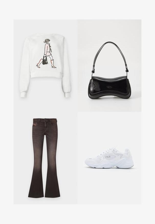 Sweatshirt court blanc avec une illustration graphique d'une femme en robe rose et bottes oranges, tenant un sac à main noir.; Jean en denim noir évasés avec un dégradé, présentant un design standard à cinq poches et une fermeture à bouton. Texture lisse avec des détails minimes.; Baskets blanches avec une tige en mesh texturé, un col rembourré et une semelle épaisse. Présente un logo sur le côté et un système de laçage.; Sac à main en vernis noir avec une forme courbée, une poignée unique et un fond arrondi. Présente un détail de logo discret à l'avant.
