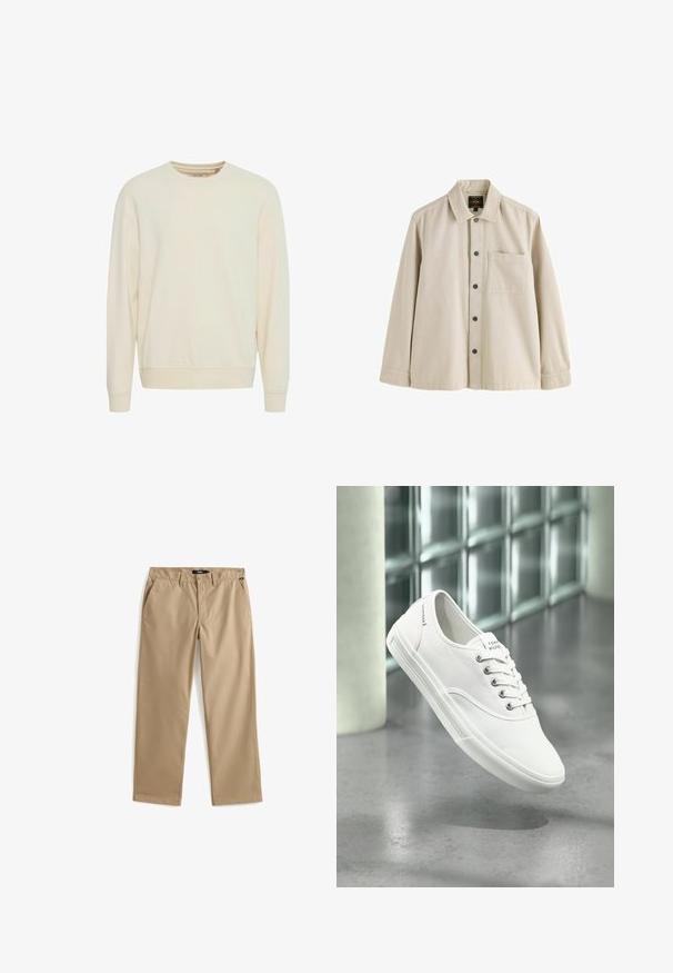 Lys beige sweatshirt, rund hals, lange ærmer, blød stof, ribbede manchetter og kant, sidesplitter for lettere bevægelse, minimalistisk design.; Beige langærmet skjorte med knapper, krave og en brystlomme, lavet af et robust stof.; Beige bukser med lige ben, knap- og lynlåslukning, bæltestropper og sidelommer, lagt fladt på en hvid baggrund.; Hvid lavtop lærredssneaker med snørebånd, mærket Tommy Hilfiger, vist svævende over en glat grå gulv nær en væg af glasblokke.