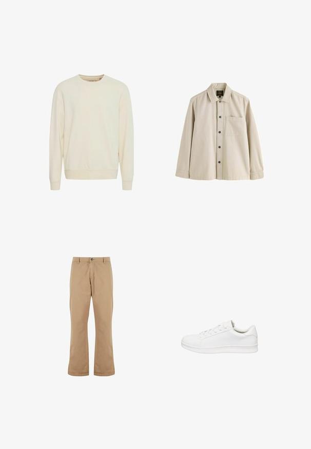 Heledbeezh sweatshirt, ümmargune kaelus, pikad varrukad, pehme kangas, ribaga mansetid ja alumine äär, külgmised lõhikuid kergema liikumise jaoks, minimalistlik disain.; Beežika pikkade varrukatega nööpidega särk krae ja ühe rinna taskuga, valmistatud vastupidavast kangast.; Bežist puuvillased püksid otse lõikega, nööbiga kinnitamisega, esikottide ja siledama tekstuuriga.; Madal säärega valge tennisking paeltega, siledast nahast pealmise osaga, polsterdatud krae ja paksu kummist tallaga, küljelt nähtuna valgel taustal.