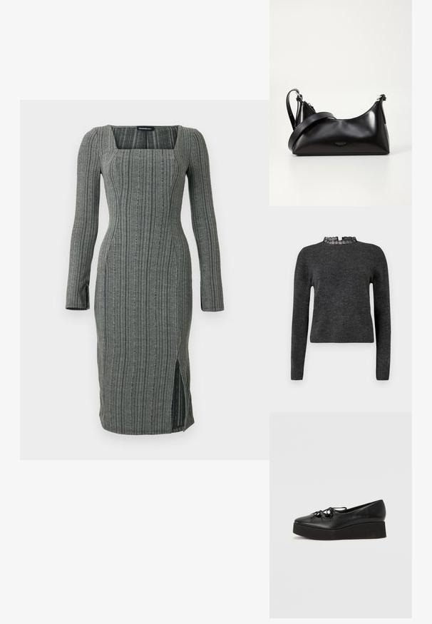 Pull gris foncé à manches longues, texture côtelée et décolleté avec dentelle. Le tissu semble doux et léger, idéal pour des superpositions.; Robe midi en maille côtelée grise, manches longues, encolure carrée, taille cintrée et fente latérale sur la jupe.; Chaussures à plateforme en cuir noir avec un bout arrondi, dotées d'une semelle noire plate et d'un laçage décoratif en nœud à l'avant.; Sac à main en cuir noir avec une texture lisse. Dispose d'une bandoulière adjustable et d'un design élégant et minimaliste avec une fermeture éclair.