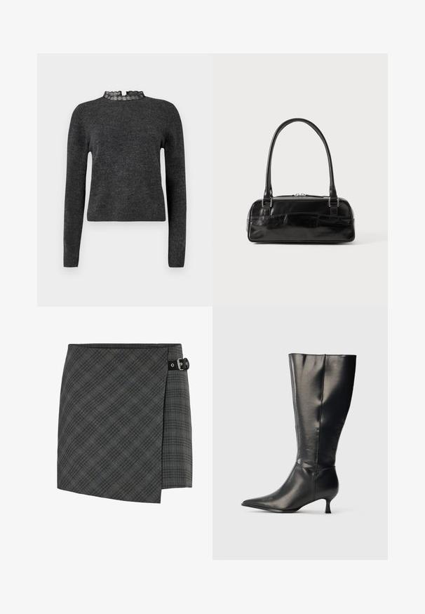 Pull gris foncé à manches longues, texture côtelée et décolleté avec dentelle. Le tissu semble doux et léger, idéal pour des superpositions.; Jupe en laine à carreaux gris foncé avec un détail de boucle noire sur le côté droit, ourlet droit et un motif subtil de lignes diagonales.; Botte en cuir noire montant jusqu'au genou, avec un bout pointu et un petit talon bas, présentée sur un fond clair uni.; Sac à main en cuir noir de forme rectangulaire, doté d'une seule ansse structurée, de quincaillerie argentée et d'une fermeture éclair. Texture lisse.