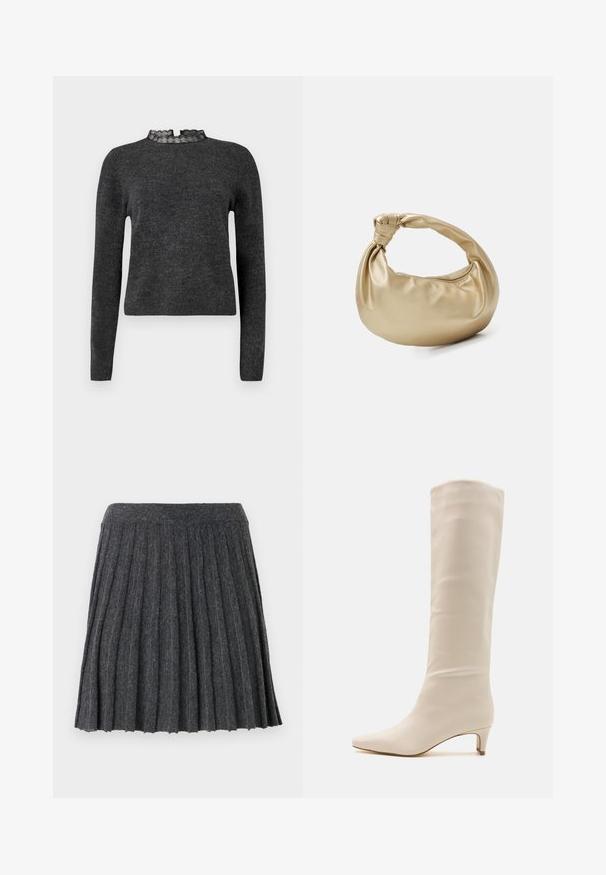 Pull gris foncé à manches longues, texture côtelée et décolleté avec dentelle. Le tissu semble doux et léger, idéal pour des superpositions.; Vero Moda Knitted VMMARINA Short - Minijupe - dark grey; RAID LAYLA - Bottes - off white; Sac à main en métal doré avec une texture lisse et brillante. Il possède une anse nouée et une forme arrondie et douce. Fermeture zippée sur le dessus.