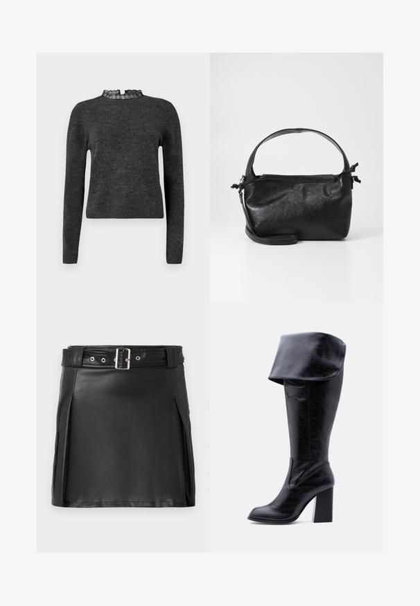 Pull gris foncé à manches longues, texture côtelée et décolleté avec dentelle. Le tissu semble doux et léger, idéal pour des superpositions.; Jupe mini en faux cuir noir avec un design ajusté, des plis latéraux et une ceinture avec une boucle argentée et des œillets. Texture lisse, taille haute.; Botte haute en cuir noir avec talon, bord plié et bout arrondi, debout sur un fond blanc.; Sac à main en cuir noir au design structuré, avec une poignée arrondie et une bandoulière amovible. Présente une texture lisse et un éclat subtil.