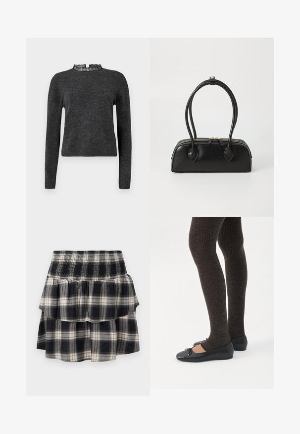 Pull gris foncé à manches longues, texture côtelée et décolleté avec dentelle. Le tissu semble doux et léger, idéal pour des superpositions.; Jupe à volants à carreaux noir et blanc avec taille smockée. Avec des couches froncées et une texture douce en coton.; Jambes portant des leggings côtelés foncés associés à des ballerines noires avec de petits détails en nœud sur fond blanc.; Sac à main en cuir noir avec deux anses allongées, fermeture éclair et forme arrondie ; texture lisse avec une finition légèrement brillante.