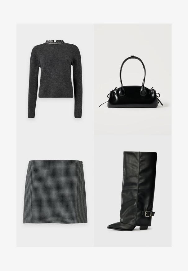 Pull gris foncé à manches longues, texture côtelée et décolleté avec dentelle. Le tissu semble doux et léger, idéal pour des superpositions.; Jupe en damier noir et blanc en tissu à la texture lisse. Présente une silhouette droite et une fermeture éclair sur le côté.; Bottes noires en cuir longueur cheville avec un bout pointu, texture lisse et une accent en boucle argentée sur le côté. Talon carré épais.; Petit sac à main noir brillant avec deux longues anses et des détails à cordon sur les côtés sur un fond clair uni.