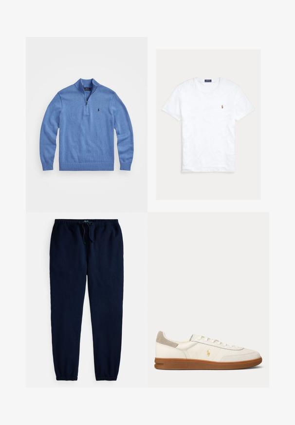 Suéter de punto azul claro con cuello alto, cierre de cremallera en el cuarto, puños y dobladillo acanalados, con un pequeño logo en el lado izquierdo del pecho.; Camiseta blanca de manga corta y cuello redondo con pequeño logo bordado de Polo Ralph Lauren en el pecho izquierdo y etiqueta azul de la marca en el interior del cuello.; Pantalones de algodón azul marino para estar en casa, con textura acanalada, cintura elástica, cordón ajustable y puños estrechos en los tobillos.; Zapatilla blanca de piel con corte bajo, suela de goma marrón, parche de ante beige en el talón y pequeño logo dorado de Polo en el lateral.