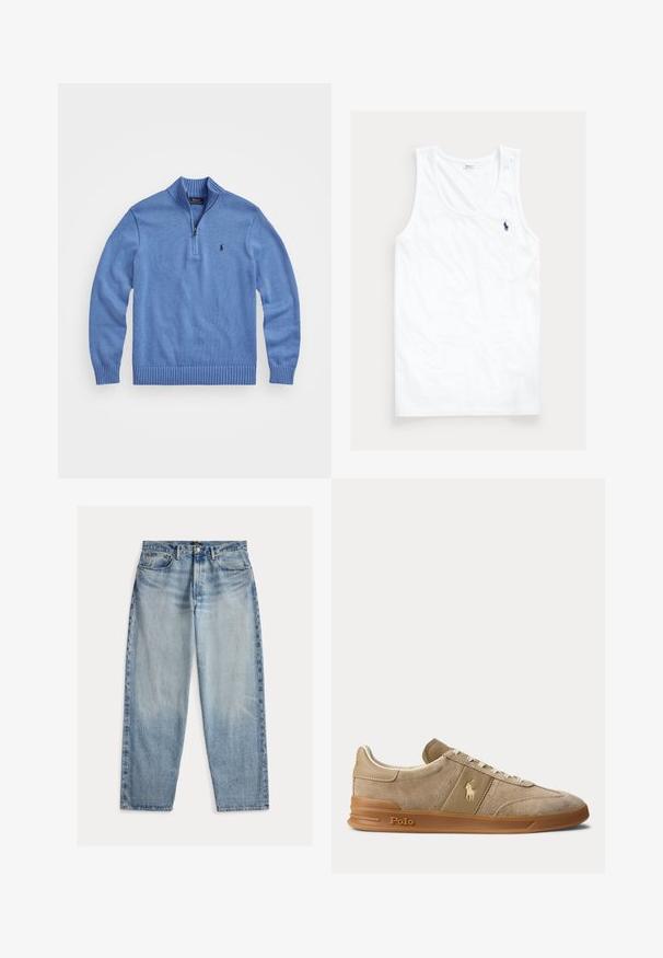 Lyseblå, strikket pullover med høj krave, kvart lynlås, ribkantede manchetter og kant, med et lille logo på venstre bryst.; Hvid ærmeløs tanktop med rund halsudskæring og lille mørkeblå Polo Ralph Lauren hestelogo på venstre bryst.; Lyseblå denimjeans med løs pasform. Har høj talje, fem lommer og synlige syninger. Overfladen er let tekstureret.; Beige ruskind og læder lav-top sneaker med gummisål, hvide snørebånd og Polo-logo på siden og sålen.