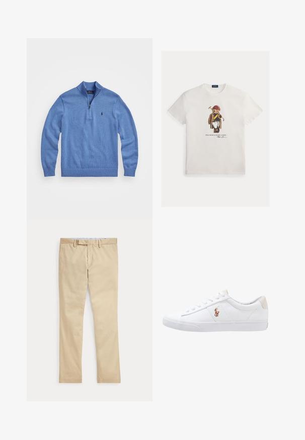 Suéter de punto azul claro con cuello alto, cierre de cremallera en el cuarto, puños y dobladillo acanalados, con un pequeño logo en el lado izquierdo del pecho.; Camiseta blanca de algodón con un dibujo de un oso vestido con una chaqueta marrón a cuadros, pantalones azules y un casco rojo, sosteniendo una herramienta.; Pantalones beige de corte recto con trabillas para cinturón y cremallera frontal, colocados planos sobre un fondo blanco.; Zapatilla de lona blanca con diseño de corte bajo, que cuenta con un taco trasero beige y un pequeño logo bordado en el costado. Suela de goma.