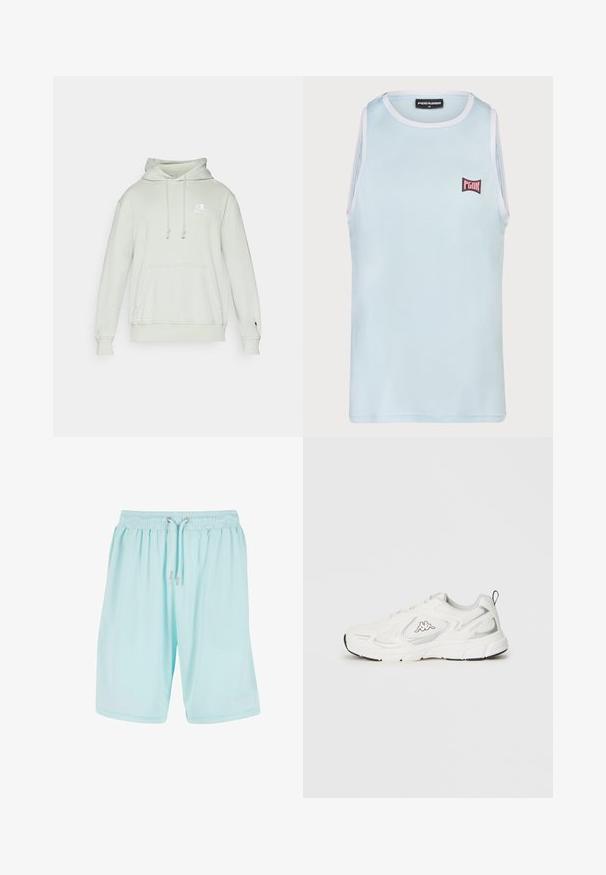 Lichtgroene hoodie van zachte stof, met een trekkoordkapuchon, een voorzak en een geborduurd logo op de borst. Geribbelde manchetten en zoom.; Lichtblauw mouwloos topje gemaakt van textuurstof, met witte rand en een rood-zwart logo aan de bovenlinkerkant.; Karl Kani Trainingsbroek - lightaqua; Witte sportieve sneaker met meshpanelen, vetersluiting, zwart logo aan de zijkant, gevoerde zool en hiellus.