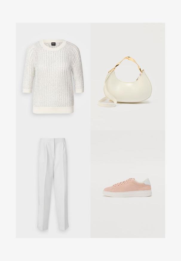 Pull en maille blanc texturé avec un motif tricoté, encolure ronde, manches trois-quarts, et bords côtes contrastés aux poignets et à l'ourlet. Étiquette de marque : BOSS.; Pantalons blancs ajustés à coupe droite, avec des plis avant, deux poches latérales et une taille épurée pour un look soigné.; Baskets en suede rose clair avec semelle en caoutchouc blanche, bout rond et accent de talon blanc. Dotées de lacets plats et d'une branding minimaliste sur le côté.; Sac à main crème en forme de croissant avec poignée courte brillante dorée et bandoulière longue assortie sur un fond clair uni.