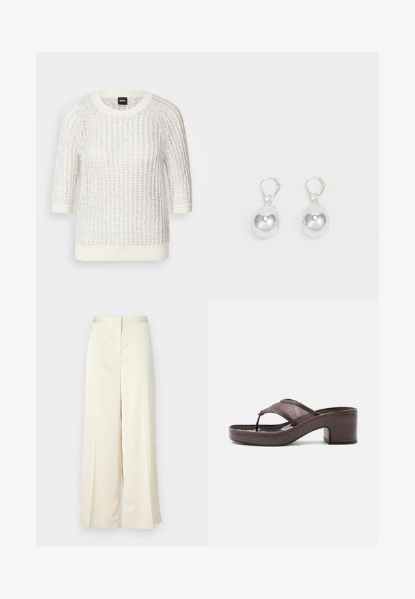 Pull en maille blanc texturé avec un motif tricoté, encolure ronde, manches trois-quarts, et bords côtes contrastés aux poignets et à l'ourlet. Étiquette de marque : BOSS.; Pantalons à jambes larges en crème, fabriqués dans un tissu lisse. Caractéristiques d'une taille plate à l'avant, de plis le long des jambes et d'une coupe décontractée tout au long.; Sandale marron à talon avec lanière en mesh et design en tige, dotée d'un talon bloc et d'une semelle cousue, présentée de profil sur fond blanc.; Boucles d'oreilles en argent en forme de goutte avec des surfaces lisses, rondes et réfléchissantes, suspendues à des fermoirs à ressort. L'arrière-plan est blanc uni.