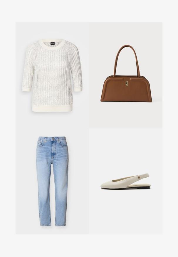 Pull en maille blanc texturé avec un motif tricoté, encolure ronde, manches trois-quarts, et bords côtes contrastés aux poignets et à l'ourlet. Étiquette de marque : BOSS.; Jean bleu clair taille haute avec coupe droite, bouton et fermeture éclair à l'avant, et style à cinq poches sur fond blanc.; Chaussure plate slingback en cuir couleur crème avec un bout arrondi et un petit emblème doré sur la bride.; Sac en cuir marron de forme rectangulaire, avec des bords arrondis, deux poignées et un petit logo rectangulaire doré accentué au centre.